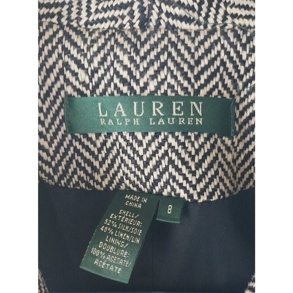 RALPH LAUREN Blazer Black Cream Herringbone Size 8 Silk Linen Blend Academia GUC - Picture 3 of 16